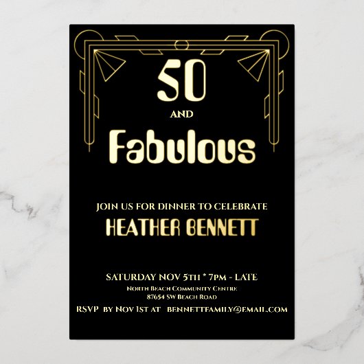 Invitation En Aluminium Elegant Black Foil Art Deco 50 Fabulous Birthday (Recto)