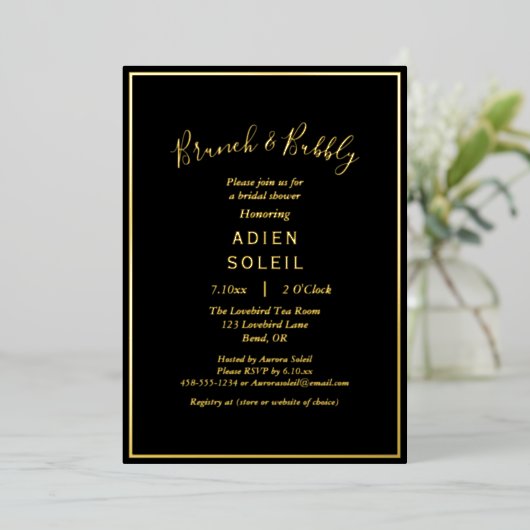 Invitation En Aluminium Elégant Black Gold Bridal Brunch moderne et Bubbly (Debout devant)