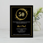 Invitation En Aluminium Elégant Black Gold Leaf 50e anniversaire Mariage (Debout devant)
