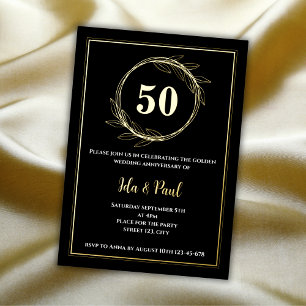 Invitation En Aluminium Elégant Black Gold Leaf 50e anniversaire Mariage