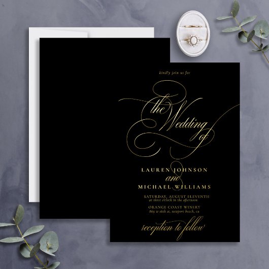Invitation En Aluminium Elégant Black Gold Moderne Calligraphie Mariage Fo