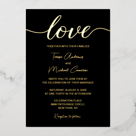 Invitation En Aluminium Elégant Black Gold Moderne Typographie Love script (Recto)
