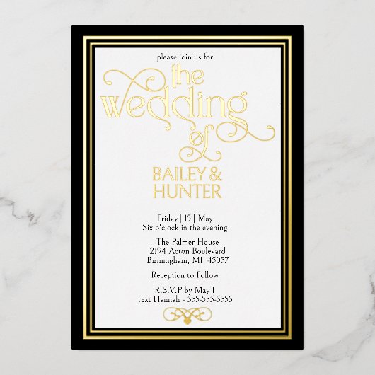 Invitation En Aluminium Elégant Black Gold OrnateTypographie Mariage (Recto)