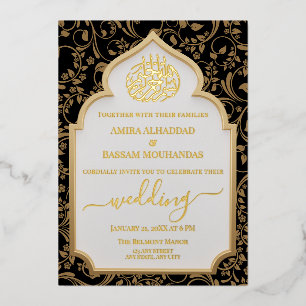 Invitation En Aluminium Elégant Black & Gold Real Foil Mariage islamique