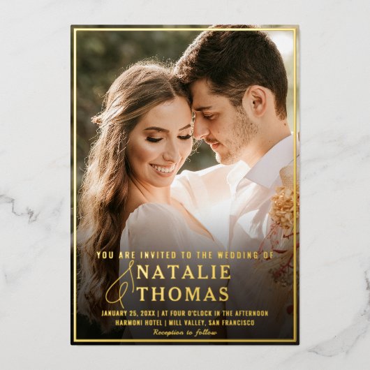 Invitation En Aluminium Élégant Black Gold Script Photo Mariage Monogramme (Recto)