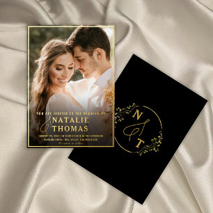 Invitation En Aluminium Élégant Black Gold Script Photo Mariage Monogramme