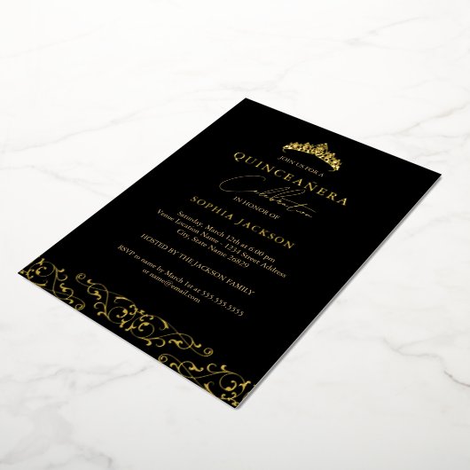 Invitation En Aluminium Elégant Black Gold Tiara Script Quinceanera (Rotation)