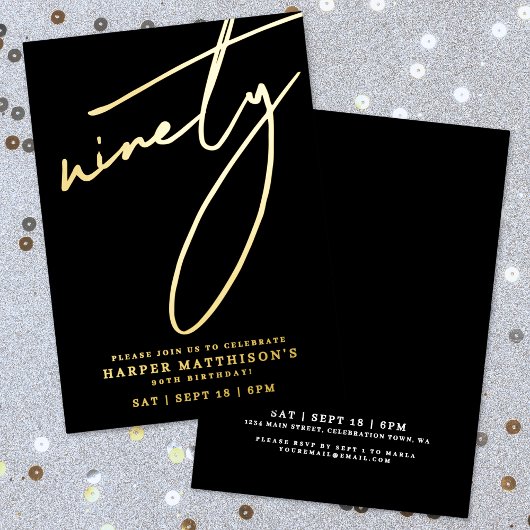 Invitation En Aluminium Elegant Black Ninety 90th Birthday Gold