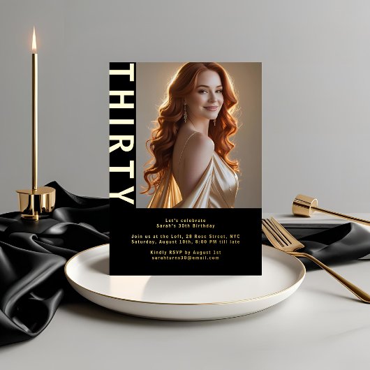 Invitation En Aluminium Elégant Black & Real Gold Foil 30e anniversaire Ph