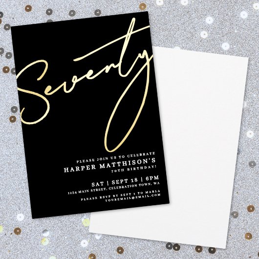 Invitation En Aluminium Elegant Black Seventy 70th Birthday Gold