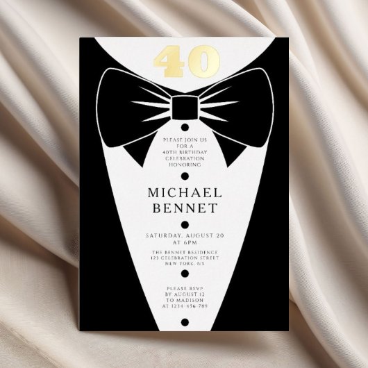 Invitation En Aluminium Elegant Black Tuxedo 40th Birthday Gold