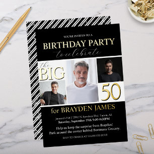 Invitation En Aluminium Elégant Black White Gold 50e anniversaire Invitati