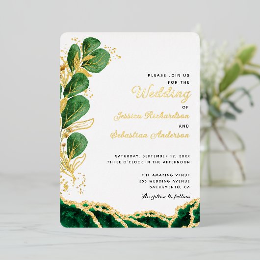 Invitation En Aluminium Élégant Blanc Emerald Green & Gold Mariage (Debout devant)