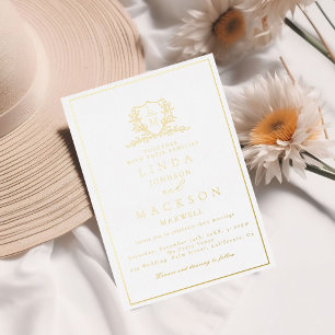 Invitation En Aluminium Elegant blason botanique en or monogramme mariage