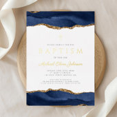 Invitation En Aluminium Elégant Bleu Agate Garçon Baptême Or