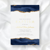 Invitation En Aluminium Elégant Bleu Agate Garçon Baptême Or