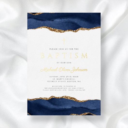 Invitation En Aluminium Elégant Bleu Agate Garçon Baptême Or