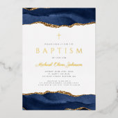 Invitation En Aluminium Elégant Bleu Agate Garçon Baptême Or (Recto)