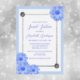 Invitation En Aluminium Élégant bleu clair floral pour un doux seize ans