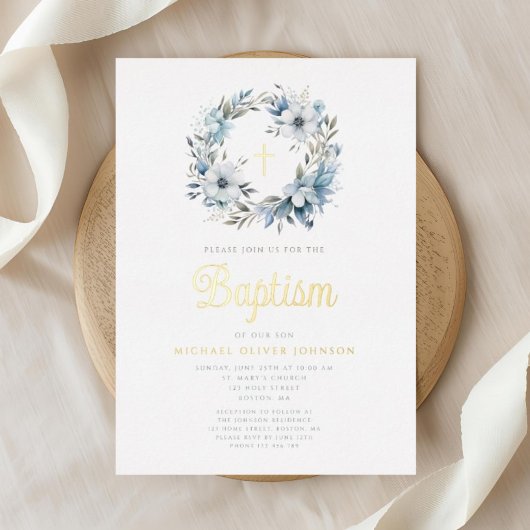 Invitation En Aluminium Élégant bleu Floral Cross Boy Baptism garçon