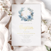 Invitation En Aluminium Élégant bleu floral Religieux Garçon Baptême Or