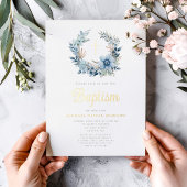 Invitation En Aluminium Élégant bleu floral Religieux Garçon Baptême Or