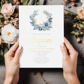 Invitation En Aluminium Élégant bleu floral Religieux Garçon Baptême Or