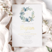 Invitation En Aluminium Elégant bleu Floral Wreath Boy Baptism Or