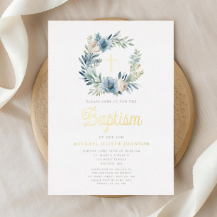 Invitation En Aluminium Elégant bleu Floral Wreath Boy Baptism Or