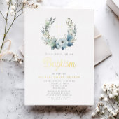 Invitation En Aluminium Elégant bleu Floral Wreath Cross Boy Baptism Or