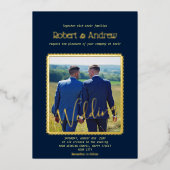 Invitation En Aluminium Elégant bleu foncé et or - mariage gay (Recto)