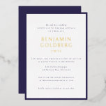 Invitation En Aluminium Elégant Bleu Formal Frame Bar Bat mitzvah Or<br><div class="desc">Élégant Formal Blue Frame Bar Bat mitzvah Gold Foil Invitation Modèle</div>