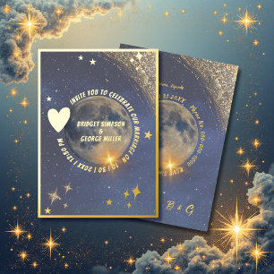 Invitation En Aluminium élégant bleu galaxie céleste lune or mariage