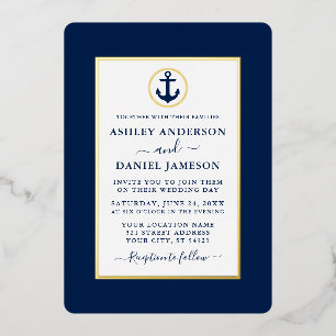 Invitation En Aluminium Elégant bleu marine Ancre nautique Mariage or