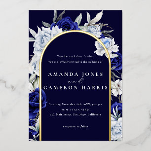 Invitation En Aluminium Elégant bleu marine floral Mariage Arch or