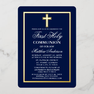 Invitation En Aluminium Élégant bleu marine Première Croix de la Sainte Co