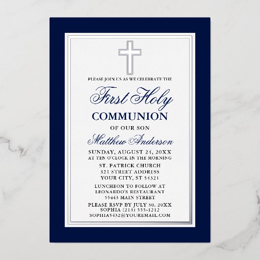 Invitation En Aluminium Elégant bleu Première Sainte Communion Croix Argen (Recto)