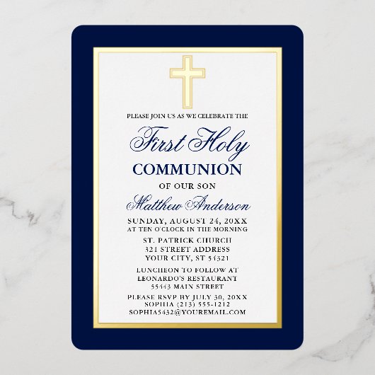 Invitation En Aluminium Elégant bleu Première Sainte Communion Croix Gold  (Recto)