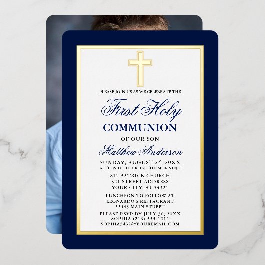 Invitation En Aluminium Elégant bleu Première Sainte Communion Photo Gold  (Recto/Verso)
