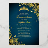 Invitation En Aluminium Elégant Blue Gold Tiara Rose Quinceanera (Recto)
