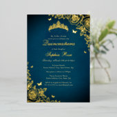 Invitation En Aluminium Elégant Blue Gold Tiara Rose Quinceanera (Debout devant)