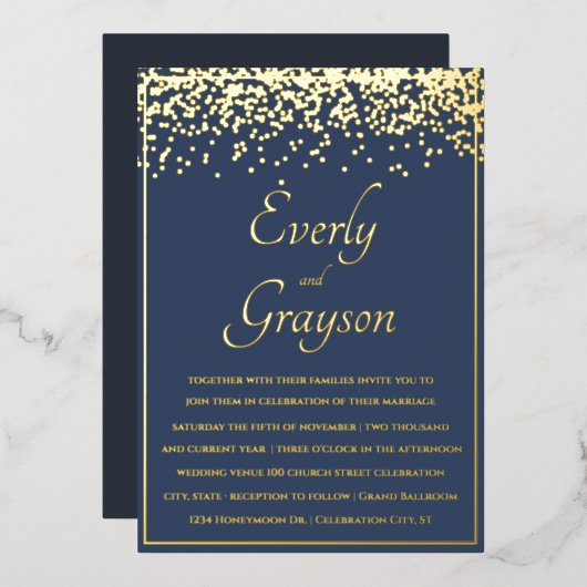 Invitation En Aluminium Élégant Blue Opulence Gold Confetti Mariage (Recto/Verso)