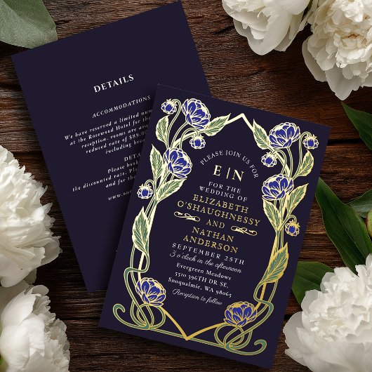 Invitation En Aluminium Elegant Blue Peony Art Nouveau Wedding All in One