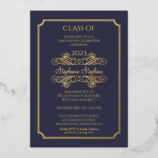 Invitation En Aluminium Élégant Blue University Graduation Party Gold (Recto)