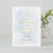 Invitation En Aluminium Elegant Blue Watercolor Gold Foil Baptism (Debout devant)