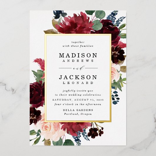 Invitation En Aluminium Élégant Blush Burgundy Navy Mariage floral (Recto)