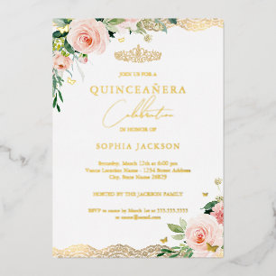 Invitation En Aluminium Elégant Blush Gold Floral dentelle photo Quinceane