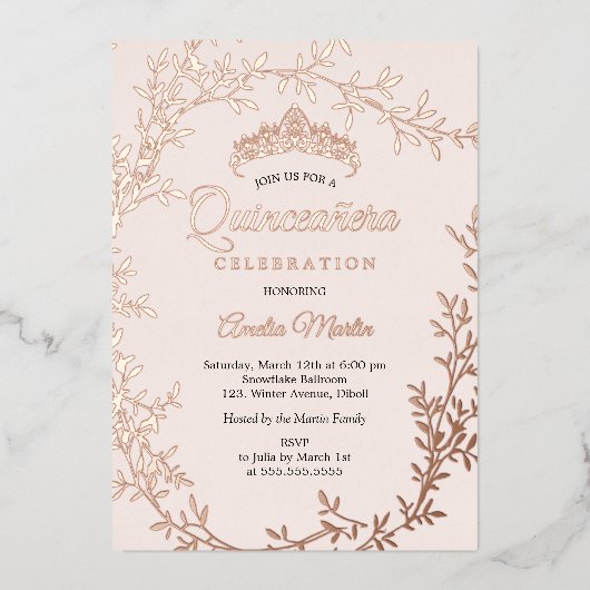 Invitation En Aluminium Elégant Blush Rose Gold Leaf Wreath Quinceanera (Recto)