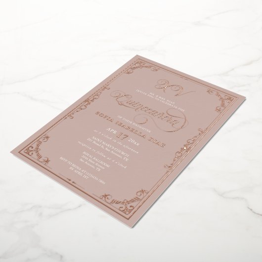 Invitation En Aluminium Elégant Blush Rose Quinceañera Rose Gold (Rotation)