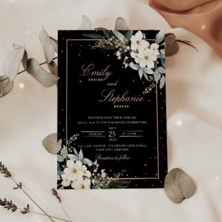 Invitation En Aluminium Elégant Boho Aquarelle Floral Black Gold Mariage